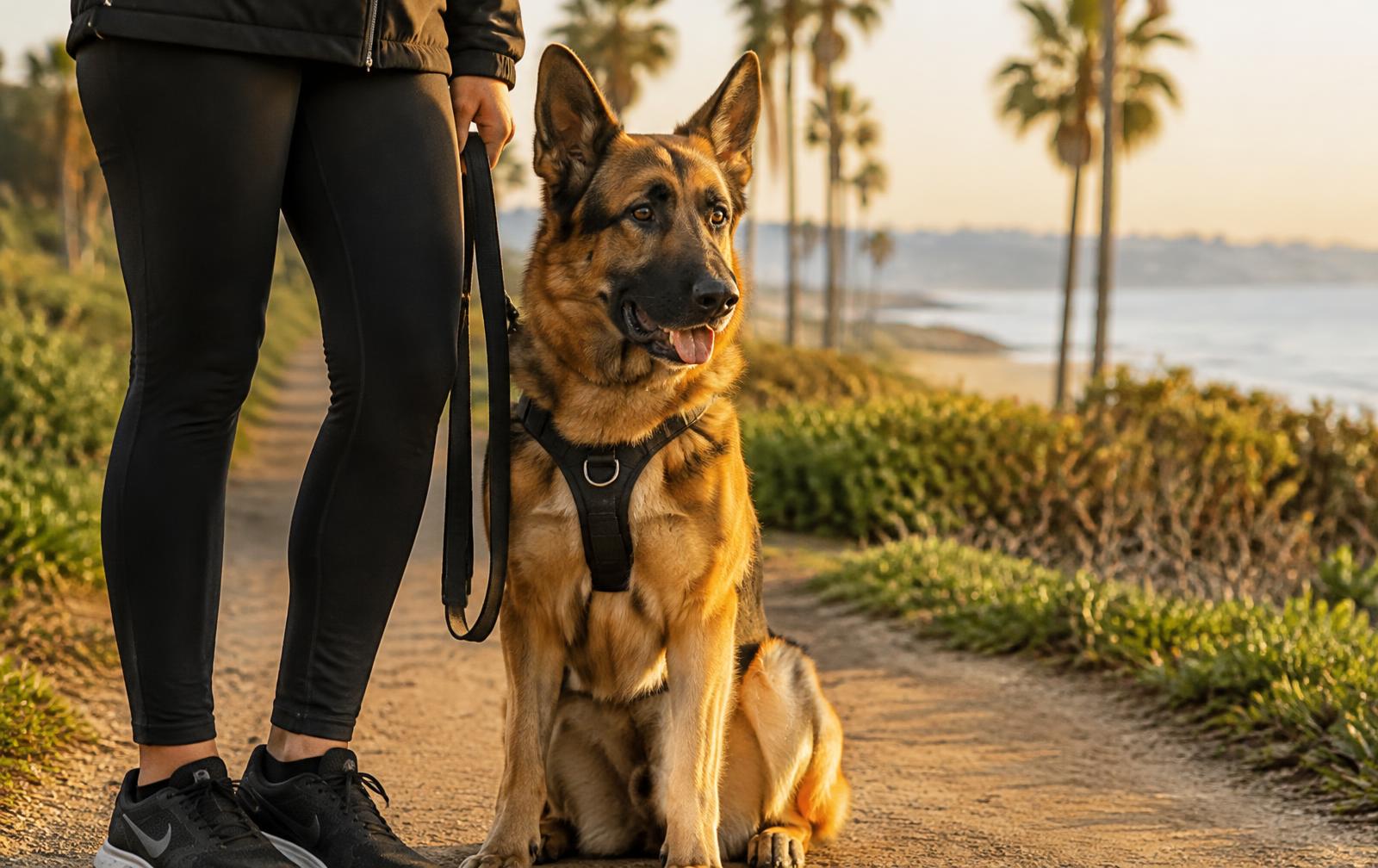 Trained German shepherd sitting calmly on a San Diego coastal path